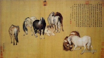 Lang glänzt acht Pferde alte China Tinte Giuseppe Castiglione Ölgemälde